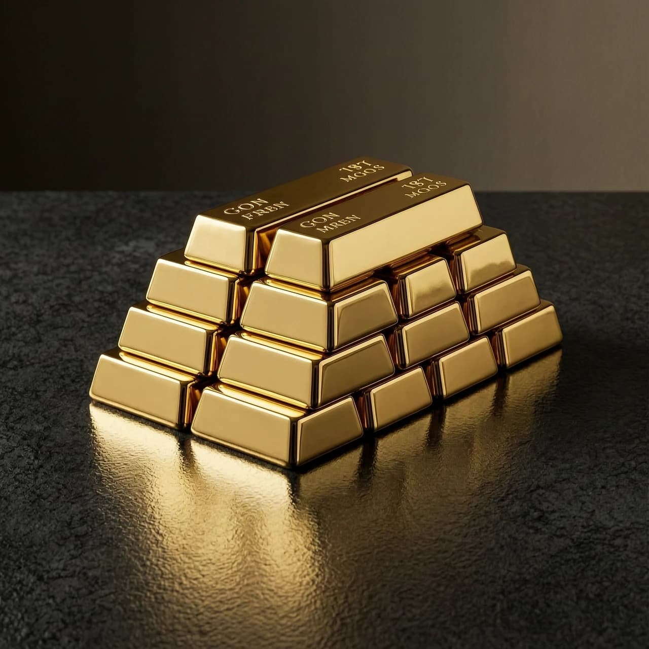 Photorealistic vertical 9:16 image of stacked gold bars on a dark surface, dramatic lighting, reflections, no text, no people.