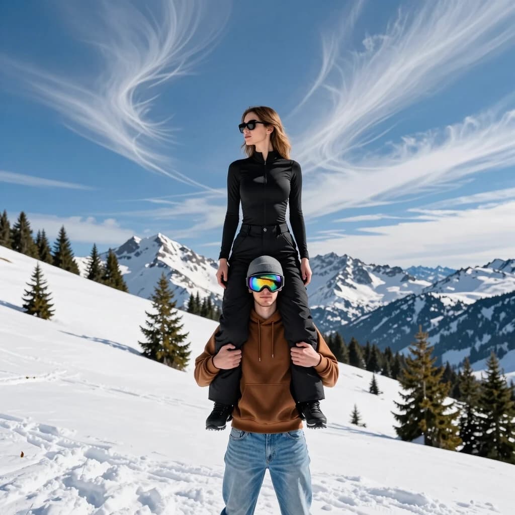 A structured, eye-level outdoor portrait of a couple posing on a snow-covered mountain slope under a striking blue sky with wispy, feathered cirrus clouds. A young woman stands balanced on the shoulders of a young man, looking off in profile. She is dressed in a sleek, form-fitting black zip-up top and black winter pants with sunglasses. The young man stands firmly in light-blue denim jeans and a brown pullover hoodie, wearing large, reflective multi-colored ski goggles over a grey beanie. The snow-covered landscape is dotted with scattered evergreen pine trees leading to sharp mountain peaks in the distance.