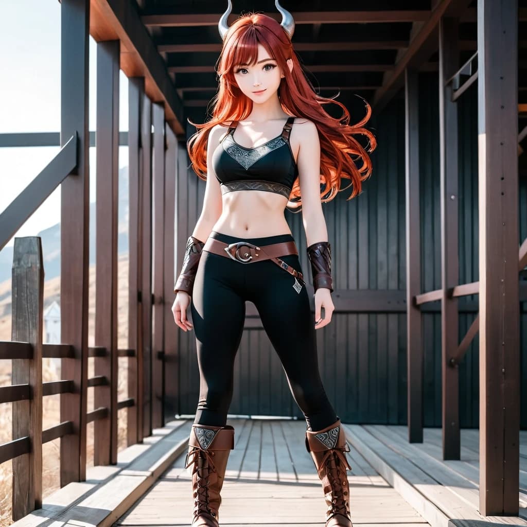 red-haired girl in black leggings and brown boots wearing a Viking bra
