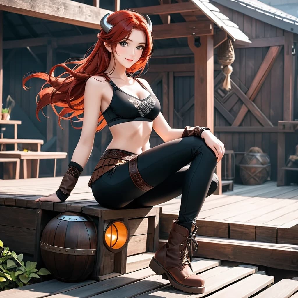 red-haired girl in black leggings and brown boots wearing a Viking bra