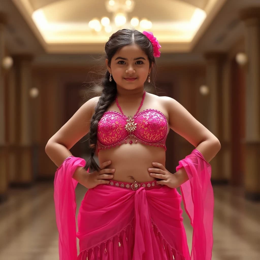 front view chubby belly dancer girl in pink costume brunette one long braid hair stand in hall