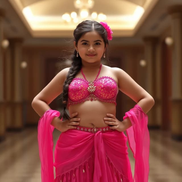 front view chubby belly dancer girl in pink costume brunette one long braid hair stand in hall
