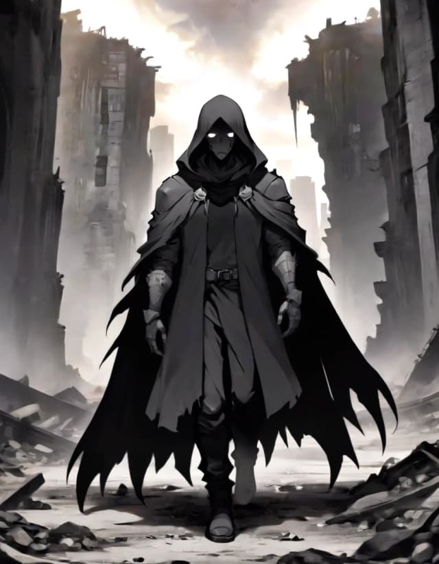 A towering, broad-shouldered man with a large, heavy-set frame, a post-apocalyptic trader wandering through a desolate wasteland, ruined buildings and debris in the background, his entire body completely concealed under a single long, flowing dark monochrome cloak or hooded cape that drapes from his shoulders to the ground, covering every inch of his body — absolutely no skin visible anywhere, his face hidden behind a sinister respirator gas mask with multiple corrugated tubes, and the most prominent feature: instead of a hat, a gigantic, heavy metal disc rests flat on top of his head, perfectly horizontal, looking like a massive salvaged industrial circular saw blade, this disc is the focal point of his silhouette, black and white ink illustration, highly detailed cross-hatching and stippling, gritty texture, extreme high contrast, cinematic dramatic lighting with deep shadows, imposing silhouette, raw post-apocalyptic vibe, sharp focus, masterpiece