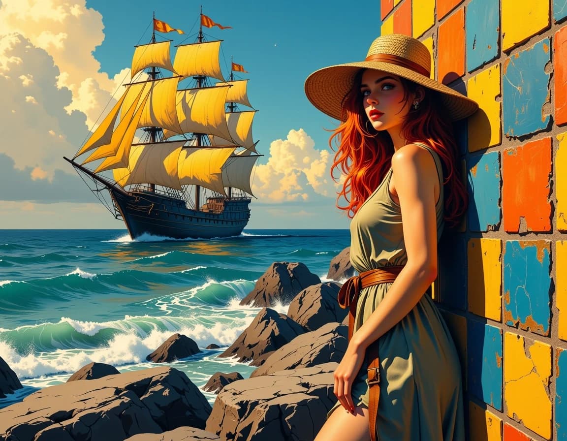 A masterpiece,  in the style of the 1980s, with bold lines, dynamic strokes and rich textures, on background with a touch of nostalgia, perhaps with subtle drawings inspired by cellulose and vintage, worn textures similar to paper, oil painting, Artwork, hyper-realistic-surreal and fantastic composition, perfect and dynamic digital painting, a visual representation in the style of Frank Frazetta mixed with modern fantasy illustration, color themes warm sunset golds and deep oceanic teals. A dramatic coastal scene at twilight or golden hour, an ancient wooden sailing ship with billowing yellow sails anchored in the misty water behind her, creating a sense of adventure and danger with its dark hull and intricate rigging visible against the horizon. She stands on jagged grey rocks near the shoreline, leaning casually against a vibrant mosaic wall composed of colorful square tiles that contrast sharply with the natural environment, suggesting an exotic or magical location where the tiles feature hues of orange, blue, yellow, and red. The central figure is an incredibly stunning woman with flowing fiery red hair cascading down her back in loose waves, wearing a wide-brimmed straw hat that casts