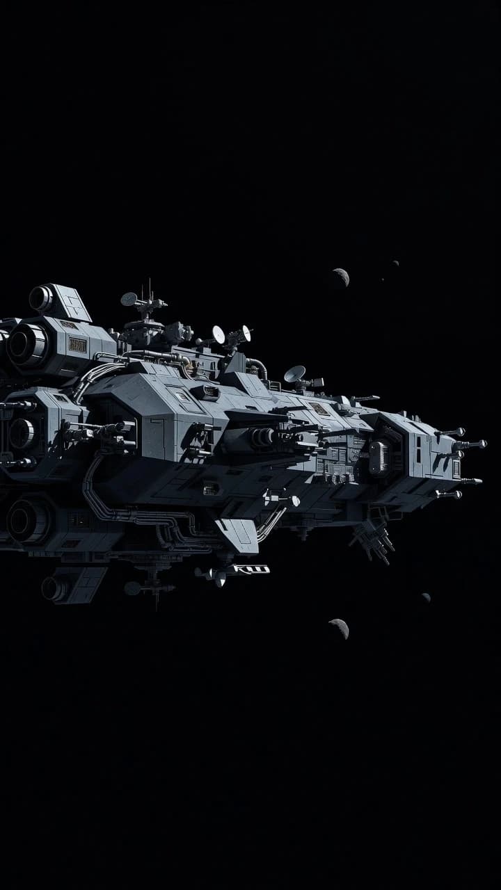 Wide shot of a modular sci-fi spacecraft, angular industrial design characteristic of the Dark Orbit game aesthetic. Dark grey and graphite metallic hull with complex exposed subsystems, massive thruster blocks, radar arrays, and protruding mechanical modules. Set in deep black cosmic void with 2 or 3 small, distant dark planetoids. No planetary atmospheres, no large planets. Scale and mass emphasized by distance, photorealistic, sharp textures, intricate mechanical details, cold technological aesthetic, cinematic composition, 8k.