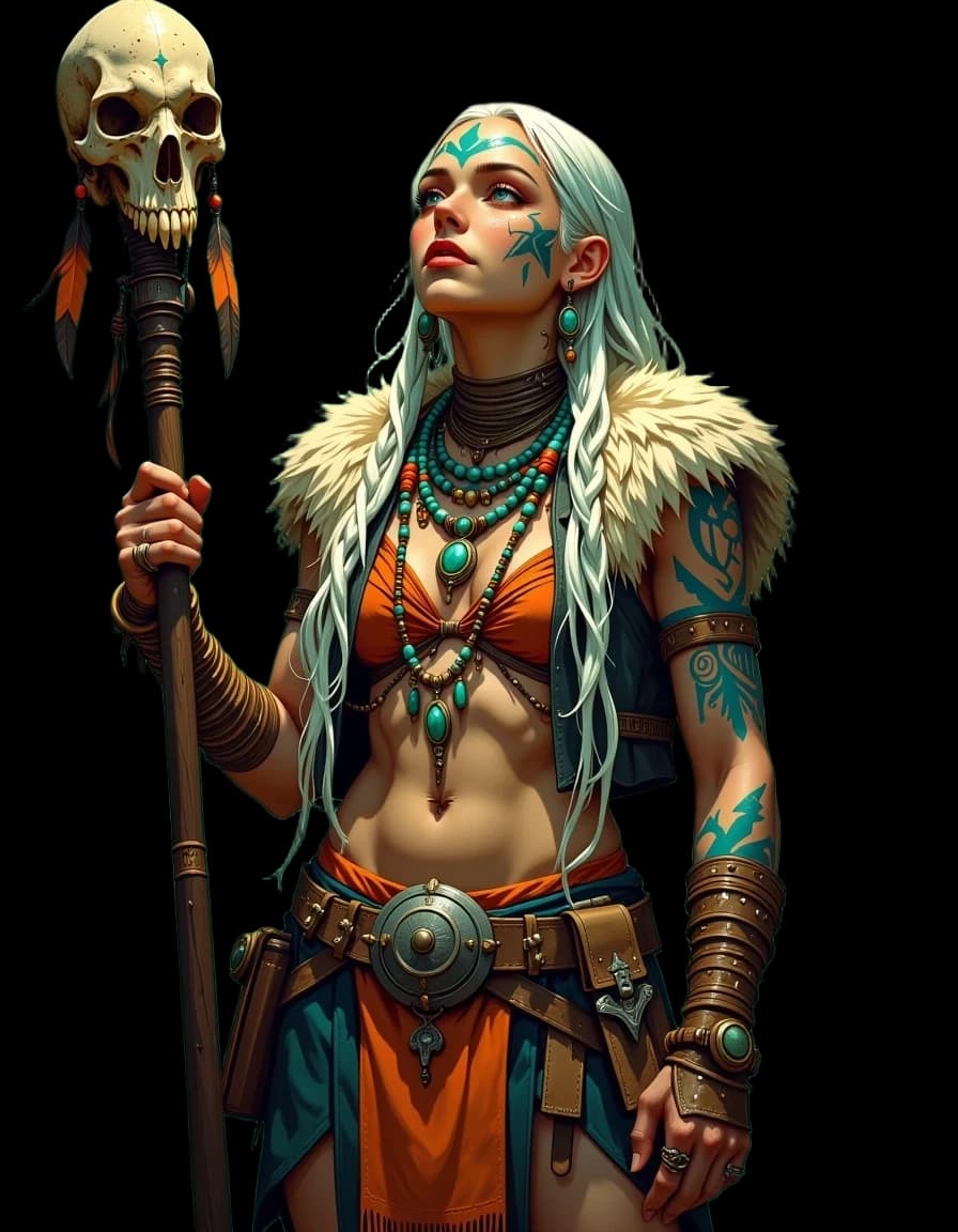 A masterpiece,  in the style of the 1980s, with bold lines, dynamic strokes and rich textures, on background with a touch of nostalgia, perhaps with subtle drawings inspired by cellulose and vintage, worn textures similar to paper, oil painting,  A striking fantasy portrait of a tribal shaman-warrior woman standing in an ancient, misty forest, holding a tall staff topped with a weathered human skull and dangling feathers; she has long white dreadlocks braided with beads and bone, intricate blue geometric tattoos on her arms and face, layered necklaces of turquoise and red beads, and a fur-trimmed vest revealing a strong, scarred midriff. Her gaze is upward and determined, three-quarter view, slightly low angle. Surrounding her are bioluminescent mushrooms, swirling painted glyphs on tree bark, hanging vines and soft floating spores. Costume details: leather belts with ornate metal buckles, bone dagger and trinkets, wrapped forearm guards, textured gloves. Mood: mystical, wild, ancient. Lighting: cinematic rim light and volumetric shafts of sunlight cutting through green-teal haze with warm orange highlights on metal and fungi. Style: hyper-detailed painterly fantasy concept art, oil-paint texture blended with photorealistic detail, crisp textures of skin, fur, leather, carved bone and metal, shallow depth of field, high resolution, richly saturated earthy greens, teals and ochres, dramatic composition and strong contrast.