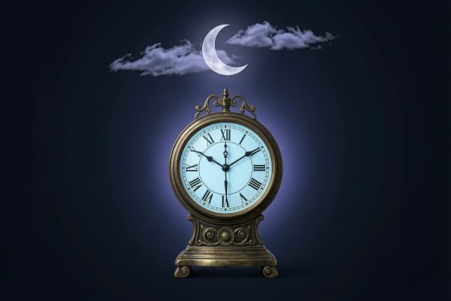 A dark blue almost black background, in the center an antique mechanical clock with roman numerals, hands showing exactly 12:00 midnight, glowing pale blue clock face. Above the clock a crescent moon with thin wispy clouds, soft violet and blue glow emanating from the clock. Moody atmospheric lighting, cinematic, photorealistic, highly detailed, vertical 16:9, dark mystical aesthetic, no other objects, no doors, no people, minimalistic composition.
