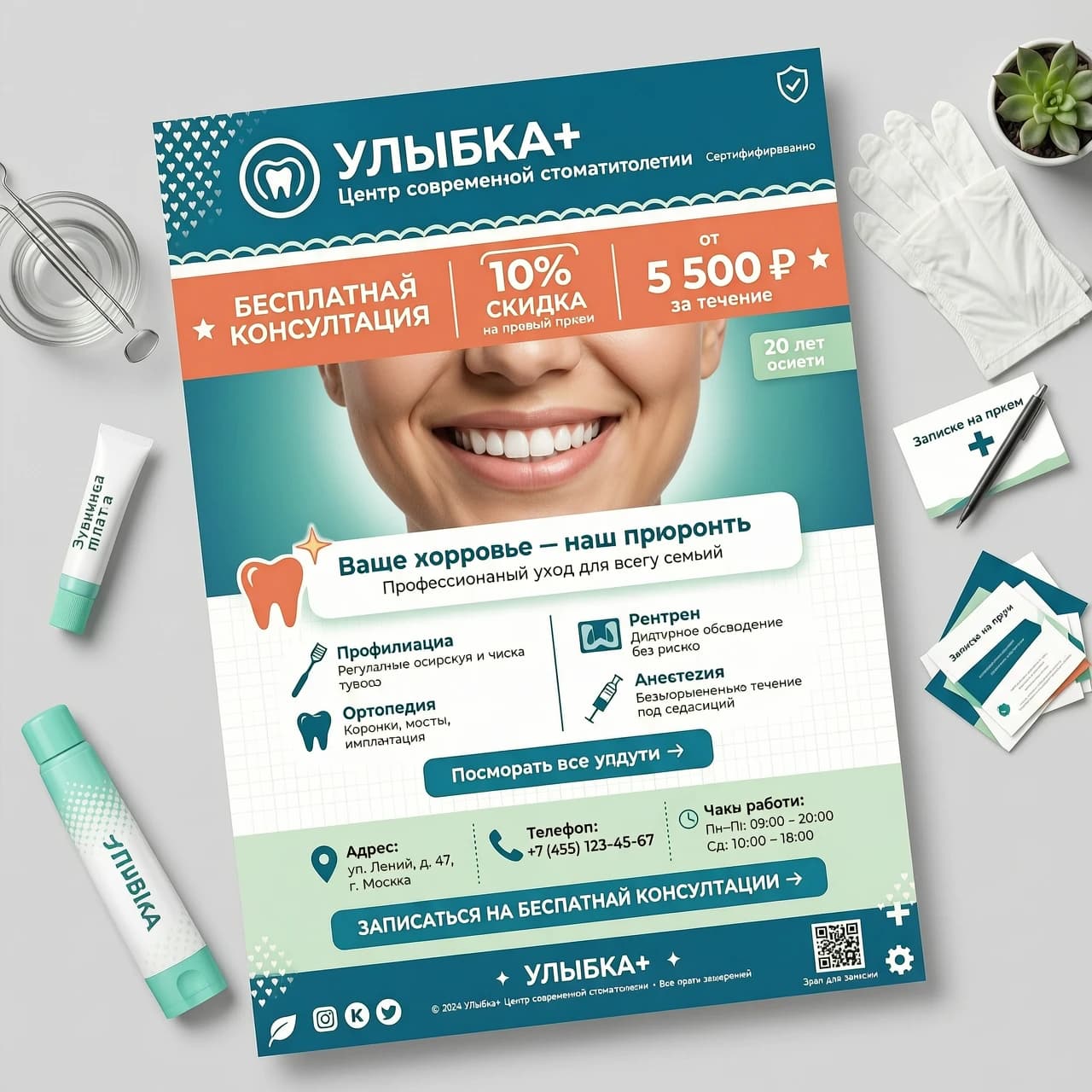 Листовка для рекламы стоматологии "Улыбка+ Центр современной стоматологии" Бесплатная консультация в день лечения 10% скидка на первый прием стоимость лечения от 5500 рублей