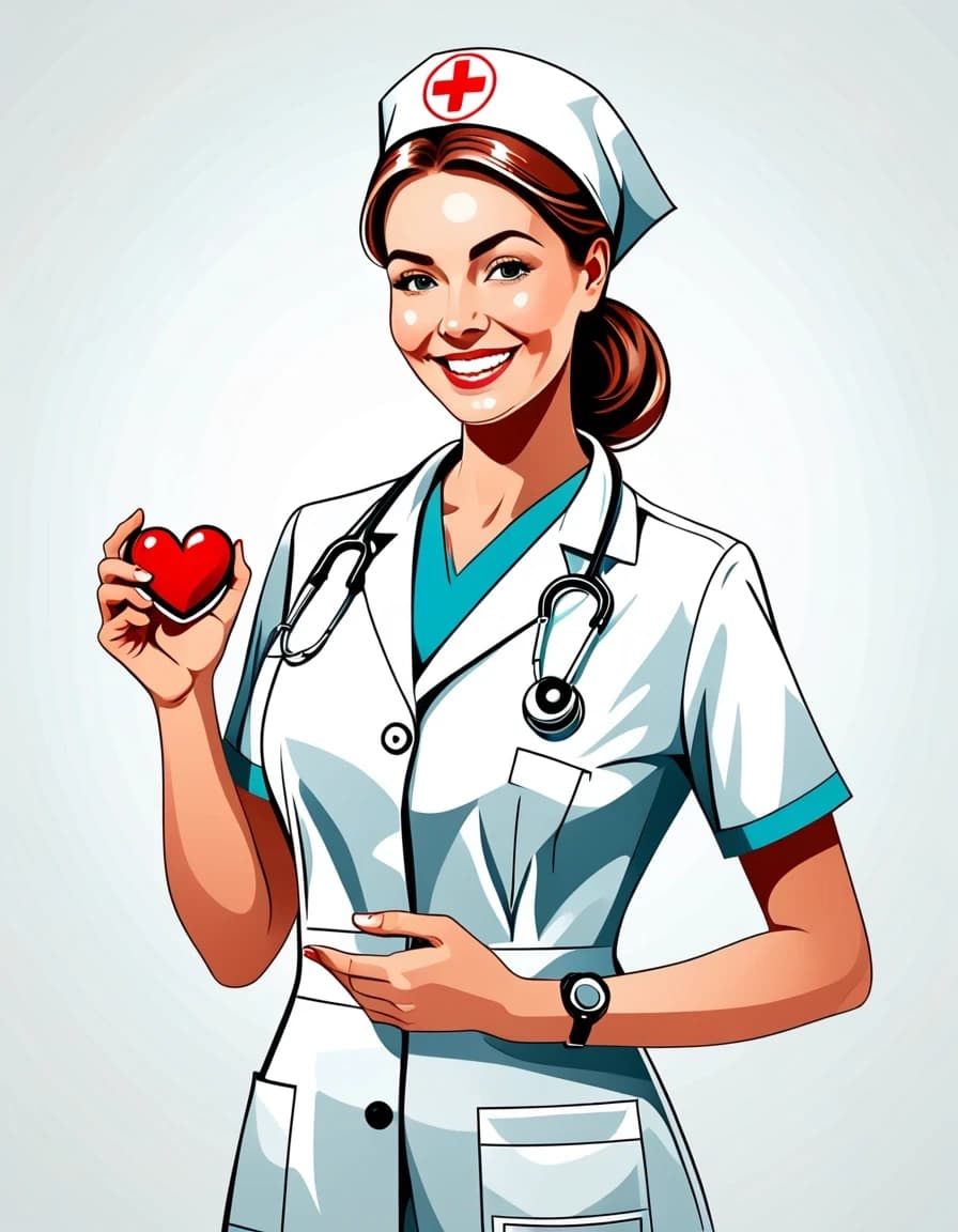 Professional vector graphics on a pristine white background. Nurse smiling, pressure measurement, heart health.