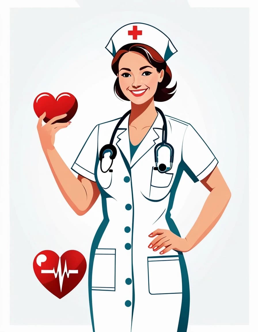 Professional vector graphics on a pristine white background. Nurse smiling, pressure measurement, heart health.