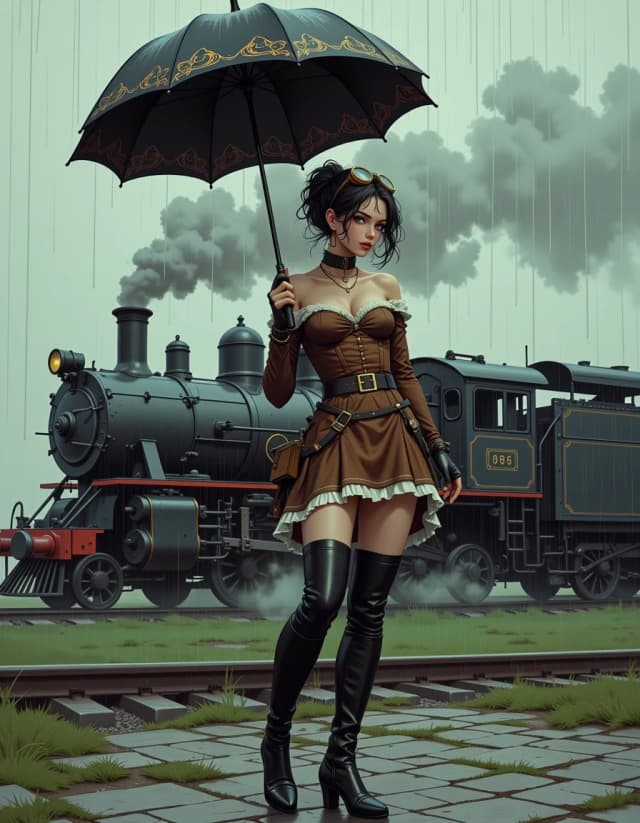 A masterpiece,  in the style of the 1980s, with bold lines, dynamic strokes and rich textures, on background with a touch of nostalgia, perhaps with subtle drawings inspired by cellulose and vintage, worn textures similar to paper, oil painting, The image is a digital illustration in a steampunk style, not a photograph or screenshot. It depicts an outdoor scene under rainy, overcast conditions. In the background, a large, dark steam locomotive is visible, partially obscured by steam and mist. The ground consists of gray cobblestones that appear wet from the rain. The central figure is a young woman with dark hair tied up, wearing steampunk-inspired attire: a brown corseted dress with frilly white trim, a decorative belt with a buckle, thigh‑high black boots with high heels, and goggles perched on her forehead. She holds an ornate, dark umbrella with gold detailing in her right hand, positioned over her left shoulder. Her pose is confident, with a slight turn toward the viewer and a direct gaze. The overall color palette is muted with shades of gray, brown, and black, accented by the gold on the umbrella and belt. No interface elements, buttons, or other UI components are present. A steampunk‑styled illustration of a woman in a brown outfit and boots holding an ornate umbrella beside a steam train on a rainy day. celshading, simple background