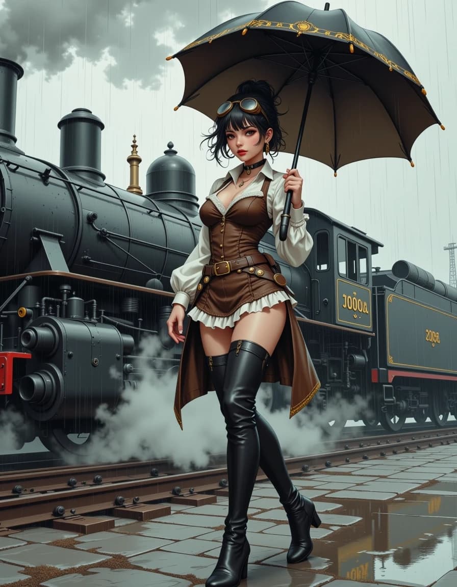 A masterpiece,  in the style of the 1980s, with bold lines, dynamic strokes and rich textures, on background with a touch of nostalgia, perhaps with subtle drawings inspired by cellulose and vintage, worn textures similar to paper, oil painting, The image is a digital illustration in a steampunk style, not a photograph or screenshot. It depicts an outdoor scene under rainy, overcast conditions. In the background, a large, dark steam locomotive is visible, partially obscured by steam and mist. The ground consists of gray cobblestones that appear wet from the rain. The central figure is a young woman with dark hair tied up, wearing steampunk-inspired attire: a brown corseted dress with frilly white trim, a decorative belt with a buckle, thigh‑high black boots with high heels, and goggles perched on her forehead. She holds an ornate, dark umbrella with gold detailing in her right hand, positioned over her left shoulder. Her pose is confident, with a slight turn toward the viewer and a direct gaze. The overall color palette is muted with shades of gray, brown, and black, accented by the gold on the umbrella and belt. No interface elements, buttons, or other UI components are present. A steampunk‑styled illustration of a woman in a brown outfit and boots holding an ornate umbrella beside a steam train on a rainy day. celshading, simple background