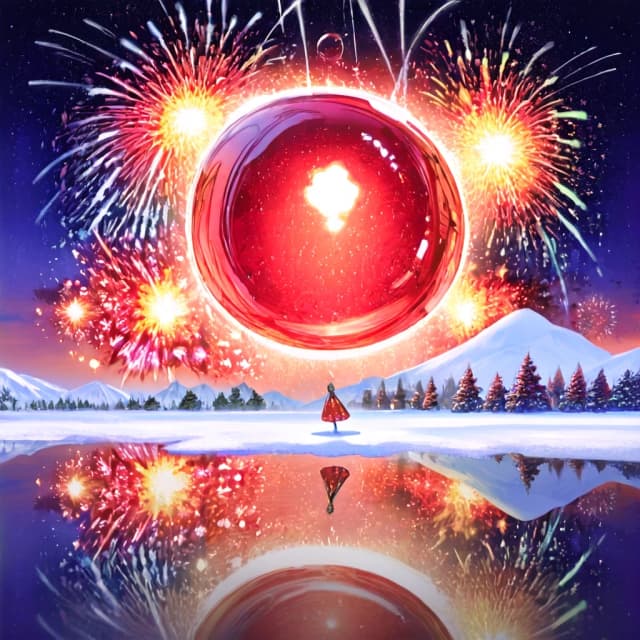 A hyperrealistic digital double exposure artwork for New Year's. Three distinct images are seamlessly blended: the detailed, reflective surface of a red glass bauble, a snowy fairytale landscape with a cozy cottage, and the vibrant, colorful explosion of a firework in a night sky. Expert mixing of textures – smooth glass, soft snow, sparkling light trails. Rendered in a trending Artstation style with extreme photorealism, intricate details, and a magical, layered composition that evokes holiday wonder.