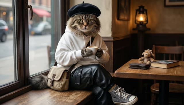 A hyper-realistic anthropomorphic fluffy tabby cat sitting on a wooden windowsill in a cozy cafe, wearing a black beret, an oversized white sweatshirt, black leather cargo pants, and grey high-top sneakers. The cat has a small beige canvas messenger bag and is holding a white coffee cup. On the wooden table next to it is a small stuffed toy, a wallet, and a book. Large window with a blurred street view on the left. Warm indoor lighting, vintage lantern in the background. Photorealistic, 8k, highly detailed, cinematic lighting, depth of field. --ar 3:4 --stylize 200 --v 6.0