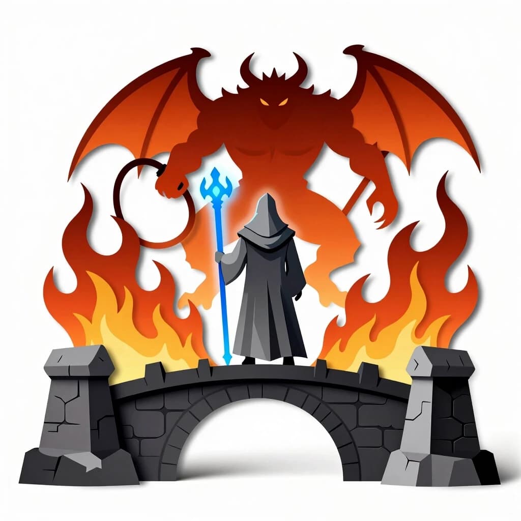 Lord of the Rings scene, Gandalf the Grey standing on Khazad-dum bridge with his back to the viewer, glowing blue staff, fiery Balrog with sword and whip in front, view from behind the wizard, multi-layered paper art style papertol and pop-up card, 5 distinct isolated layers on solid white background, flat vector shapes without intersections, thick black outlines, fantasy art, high detail fire and stone, studio lighting