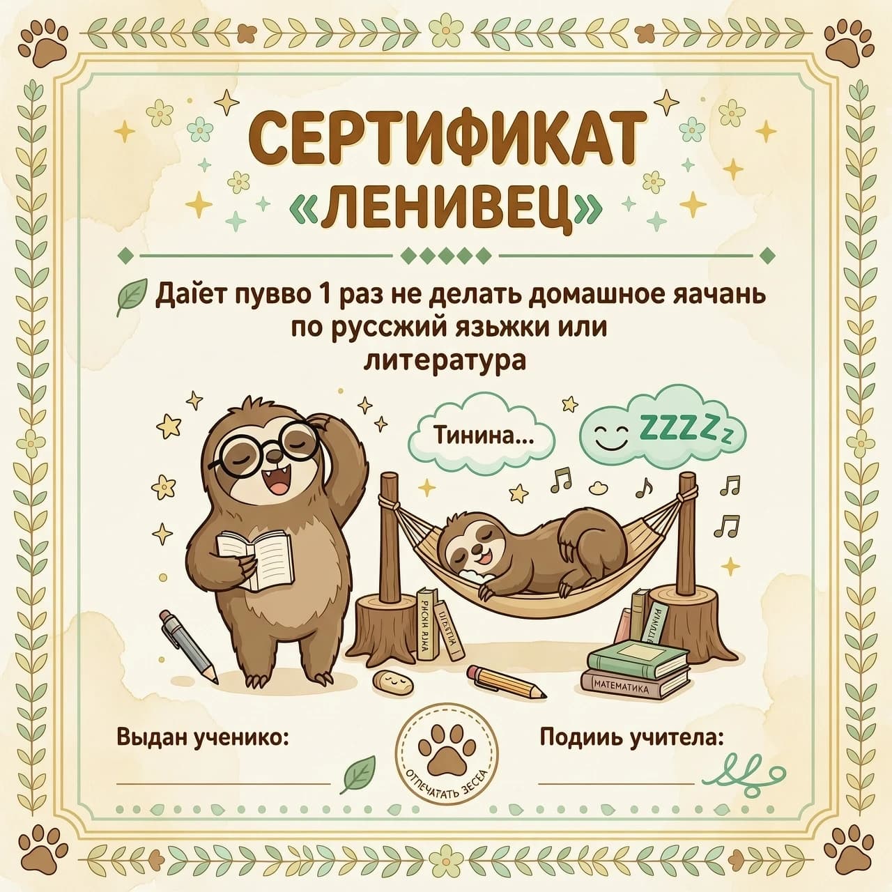 Горизонтальный подарочный сертификат в стиле школьной награды. Декоративная рамка из тёплых пастельных тонов: бежевый, мятный, светло-жёлтый. По центру сверху крупными буквами с лёгкой тенью надпись «СЕРТИФИКАТ „ЛЕНИВЕЦ“». Ниже — «Даёт право 1 раз не сделать домашнее задание по русскомуязыку или литературе». Иллюстрация внизу: милый ленивец в очках зевает над книжкой; второй ленивец спит в гамаке между учебниками; спящая ручка, сонный карандаш, облако с надписью «Тишина…», облачко со смайликом «ZZZ». Внизу слева поле «Выдан ученику: __________», справа «Подпись учителя: __________» и место для печати в виде лапки ленивца. Стиль: мультяшный, добрый, яркий без пестроты, мягкие линии, лёгкая акварельная текстура. Настроение весёлое и поощряющее, соотношение сторон примерно 2:3».