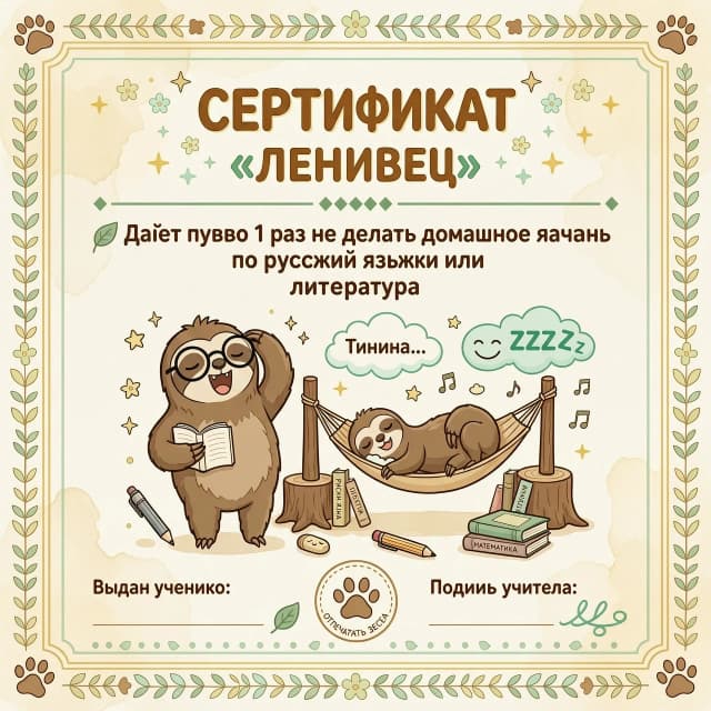 Горизонтальный подарочный сертификат в стиле школьной награды. Декоративная рамка из тёплых пастельных тонов: бежевый, мятный, светло-жёлтый. По центру сверху крупными буквами с лёгкой тенью надпись «СЕРТИФИКАТ „ЛЕНИВЕЦ“». Ниже — «Даёт право 1 раз не сделать домашнее задание по русскомуязыку или литературе». Иллюстрация внизу: милый ленивец в очках зевает над книжкой; второй ленивец спит в гамаке между учебниками; спящая ручка, сонный карандаш, облако с надписью «Тишина…», облачко со смайликом «ZZZ». Внизу слева поле «Выдан ученику: __________», справа «Подпись учителя: __________» и место для печати в виде лапки ленивца. Стиль: мультяшный, добрый, яркий без пестроты, мягкие линии, лёгкая акварельная текстура. Настроение весёлое и поощряющее, соотношение сторон примерно 2:3».