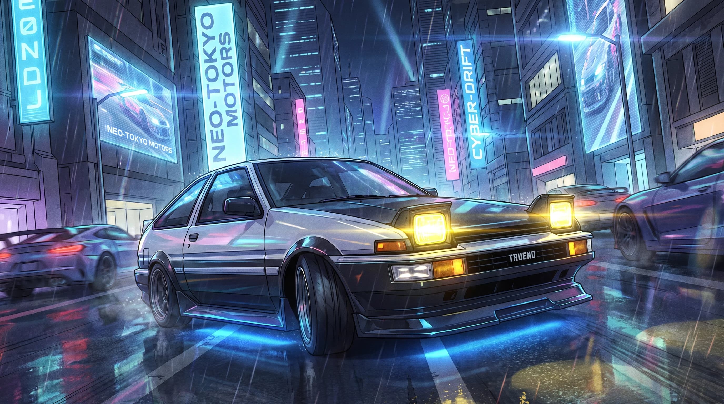 Toyota Sprinter Trueno GT-APEX AE86, едет по дороге, эпичный ракурс, горящие фары, шедевр, крупный план, стиль аниме с реалистичными деталями, киберпанк,