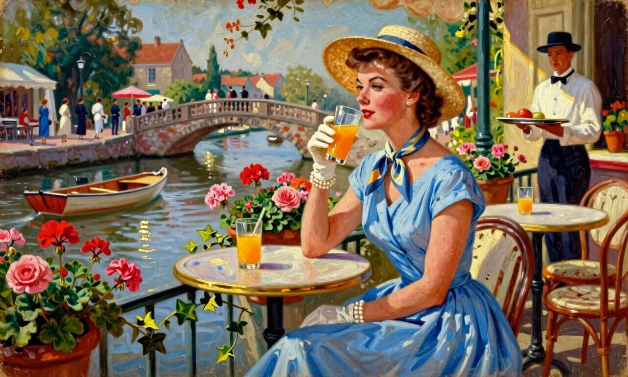 A masterpiece,  in the style of the 1980s, with bold lines, dynamic strokes and rich textures, on background with a touch of nostalgia, perhaps with subtle drawings inspired by cellulose and vintage, worn textures similar to paper,oil painting, A sophisticated 1950s woman sits alone at a flower-draped café terrace overlooking a tranquil canal, gently sipping a glass of freshly squeezed orange juice. She wears an elegant powder-blue day dress with a fitted bodice and flowing skirt, accented by a silk scarf tied gracefully at her neck. A stylish straw hat casts a soft shadow over her delicate features, while pearl bracelets and white gloves complete her polished look. Her expression is thoughtful and content, as if savoring a quiet summer morning. Around her, pots of blooming geraniums, roses, and trailing ivy decorate the terrace railings. Small wooden boats drift lazily along the canal, and in the distance, well-dressed townspeople stroll across an arched stone bridge. A waiter in a crisp white jacket carries a silver tray between tables, while soft sunlight dances on the water below. The scene feels peaceful, refined, and filled with the gentle rhythm of a bygone era. Painted in a luxurious vintage storybook oil painting style, featuring rich painterly textures, visible brushstrokes, luminous colors, warm golden morning light, soft reflections on the canal, exquisite facial details, elegant 1950s fashion, romantic European atmosphere, dreamy nostalgic mood, masterfully illustrated classic storybook aesthetic, cinematic depth, and timeless old-world charm.