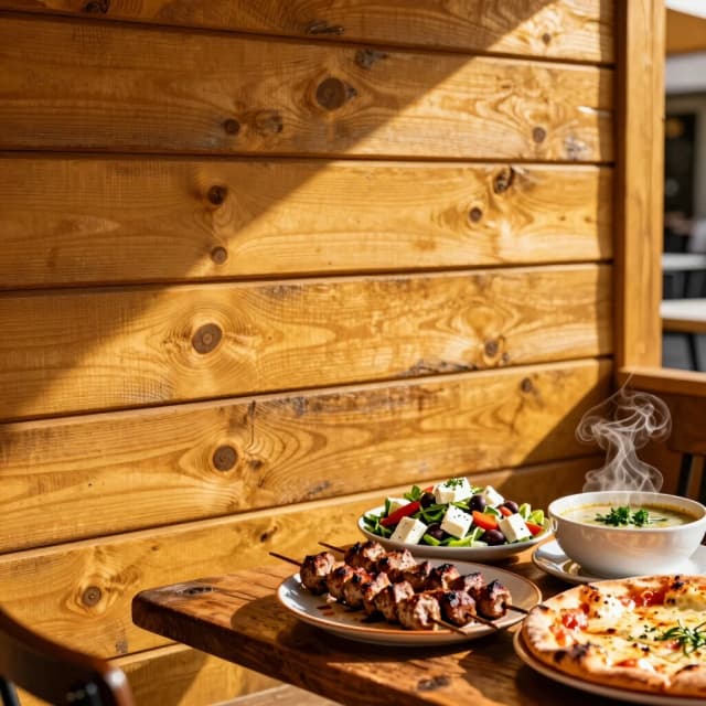 A creative advertising poster for a café. The background features a cozy veranda made of natural weathered wooden planks 
in a warm honey-golden hue, with visible grain and texture. In the lower right corner, on a rustic wooden table, 
there are appetizing food items: juicy, shashlik on plate, a fresh Greek vegetable salad with feta 
cheese and olives, a steaming bowl of soup with fresh green herbs, and a crispy pizza with melted cheese. Warm golden
 hour lighting, shallow depth of field, premium restaurant advertising style, photorealistic, extremely high detail, 
print quality suitable for A1 poster, horizontal 5:4 composition, empty space at top and left for text overlay and logo.