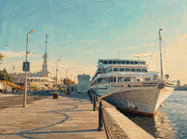 Redraw majestic A wide-angle, cinematic landscape a serene riverfront scene at golden hour, centered on a large, elegant white passenger cruise ship docked at a stone quay. The ship, named "СТРАВИНСКИЙ" in Cyrillic lettering on its bow, is positioned diagonally, its sleek white hull and multiple decks reflecting softly in the calm, glassy water of the river. The vessel's mast rises high into the clear, pale sky, which transitions into a warm, hazy glow near the horizon. In the background, the cityscape is punctuated by a distinctive, tall white architectural tower topped with a star, reminiscent of Stalinist empire style, standing alongside classical European-style buildings with ornate facades. The waterfront promenade is paved with large, light-colored stone tiles, marked by elegant sweeping curved patterns etched into the ground. Long, soft shadows stretch across the walkway from various lampposts and bollards connected by heavy black chains. The lighting is warm and diffused, characteristic of a late afternoon sun, casting a golden hue over the entire scene and creating a peaceful, nostalgic atmosphere. The color palette is dominated by soft teals, creamy whites, and warm amber tones, giving the image a dreamy, high-resolution photographic quality with a clean, airy aesthetic.
hyper-realistic Cinematography, and the serene atmosphere of luxury travel. Apply the impasto technique with a palette knife or stiff brush to create thick, expressive brush strokes. Palette knife oil painting of a beautiful white cruise liner, thick oil paint.