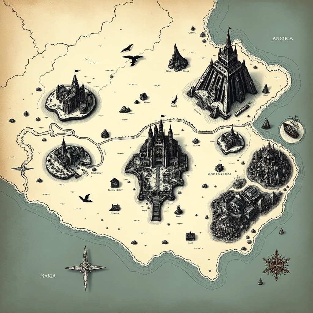 2D top-down authentic gritty dark fantasy large-scale strategic nautical map, high-detail medieval woodcut style, inspired by Tainted Grail: Fall of Avalon. Pure white background with sharp, ultra-thin black outlines, strictly no frame, no borders, no fills, no gradients, clean line art. The sea area is rendered with realism, using fine vintage wave etching:1, warning emblem markings:5, and menacing sea creature emblem markings featuring kraken:1, leviathan:1, and serpent-like beasts:2 randomly scattered in the deep waters, strictly no shipping lanes, strictly no sea routes. Sharp, realistic coastlines feature minimal, clean traditional dark fantasy cartography outline hatching to ensure clarity. The map depicts a vast archipelago of 5 large distinct climate islands and 10 small random islets, rendered as detailed hand-drawn topography layouts where numerous tiny points of interest are randomly scattered across the landmasses, leaving plenty of empty space between them. Features a prominent nautical passage formed by two small close twin islands, each topped with a highly visible watchtower, acting as a maritime gateway. The volcanic wasteland island features multiple randomly scattered landmarks including Volcanoes:1, Ruined Castles:2, Ancient Altars:3, Caves:4, Rivers:3. The corrupted swamp island features multiple randomly scattered landmarks including Burnt Forests:5, Swamps:4, Wooden Bridges:3, Worn Huts:2, Sunken Ruins:3. The frozen tundra island features multiple randomly scattered landmarks including Glacial Rivers:2, Ice Caves:3, Stone Obelisks:4, Frozen Fortresses:1. The overgrown ancient jungle island features multiple randomly scattered landmarks including Dense Forests:6, Overgrown Temples:2, Rope Bridges:4, Ritual Altars:3, Hidden Caverns:5. The central shattered citadel island features multiple randomly scattered landmarks including Megalithic Castle Ruins:1, Abandoned Cathedrals:2, Broken Stone Bridges:5, Crypts:4. The small scattered islets feature Lone Watchtowers:3, Shipwrecks:4, Treasure Caches:5. Every object, terrain line, and topographic feature is rendered exclusively as a hollow, high-contrast gritty medieval engraving line. Strictly zero solid black blocks, strictly zero text words, highly detailed masterwork.