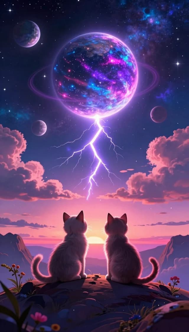 A dreamy cosmic fantasy illustration in a tall vertical composition, showing two fluffy kittens sitting side by side on a rocky hill at sunset, viewed from behind as they stare into an enormous glowing celestial sphere suspended in deep space above them. The atmosphere should feel magical, emotional, serene, and awe inspiring. The central orb resembles a radiant purple and blue planet or star with a bright neon magenta corona, surrounded by bursts of glowing energy and subtle plasma textures. A dramatic lightning beam of electric violet energy stretches vertically through the sky, connecting the glowing sphere to the horizon below. Several smaller moons and planets float in the surrounding star field. The sky is filled with rich gradients of indigo, sapphire, cyan, lavender, and pink, with sparkling stars scattered throughout. Large fluffy clouds frame both sides of the composition, illuminated with warm pink and peach rim lighting from the sunset. The kittens are softly backlit, with fluffy fur edges glowing from the ambient cosmic light. Foreground details include small plants, flowers, stones, and cliff textures rendered with painterly detail. Use cinematic lighting, ultra vibrant neon colors, soft atmospheric haze, volumetric glow, fantasy digital painting aesthetics, highly detailed textures, smooth gradients, ethereal mood, whimsical sci fi fantasy style, sharp focus on silhouettes, balanced symmetry, dramatic scale contrast, and a polished modern concept art look. The image should feel like a peaceful moment of wonder at the edge of the universe, blending celestial fantasy with cozy emotional storytelling
Negative prompt: text, writing
Steps: 9, CFG scale: 1, Sampler: euler, Seed: 46035981, workflow: txt2img, width: 832, height: 1248, priority: low, quantity: 1, ecosystem: Krea2, Created Date: 2026-08-22T0231:57.7114017Z, outputFormat: png