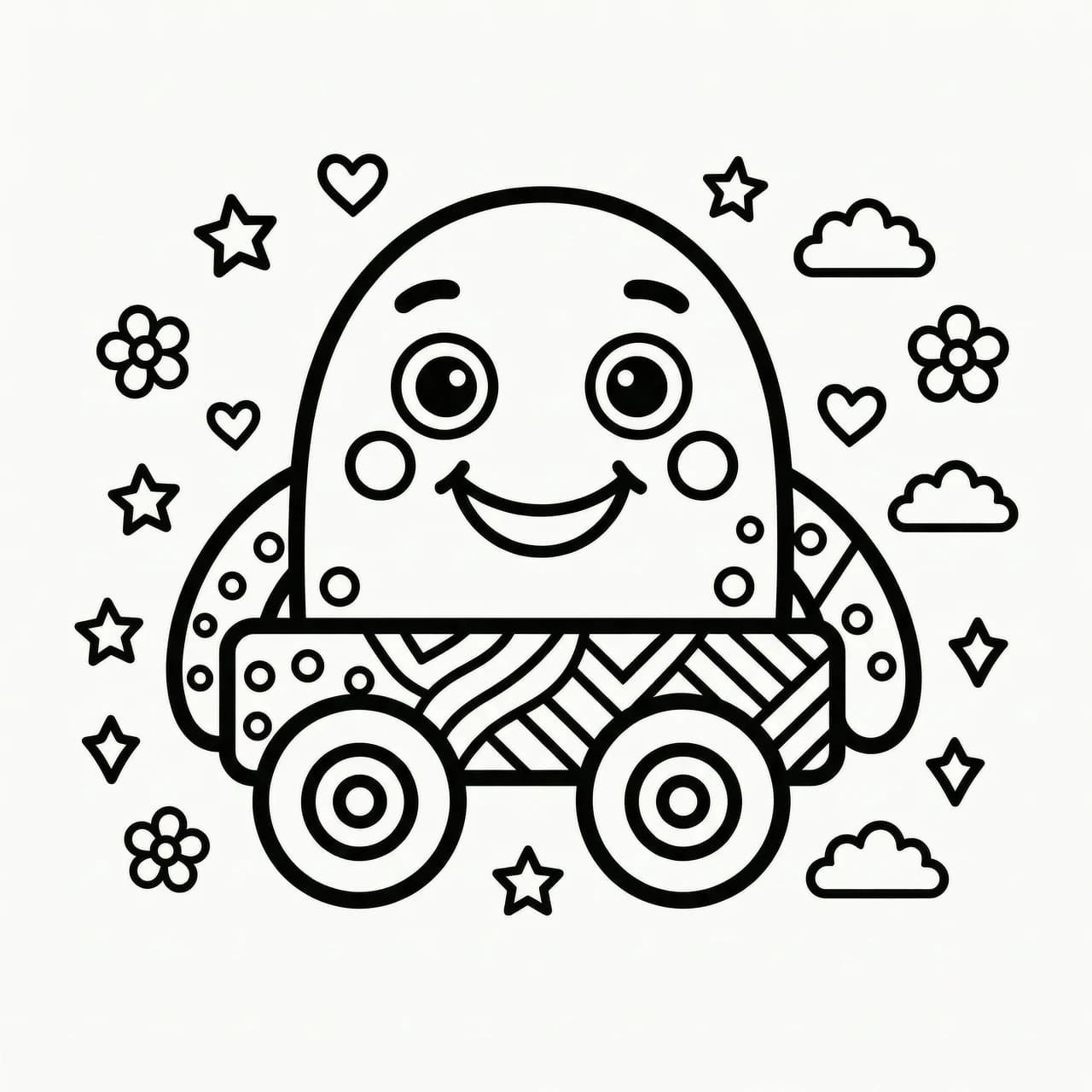 Minimalist coloring book page for kids, clean black line art, bold continuous outlines, [название объекта], simple geometric shapes, cartoon style, high contrast black and white, vector aesthetic, pure white background, no shading, no gradients, no textures, no shadows, no background elements, no text, no blur, crisp sharp edges, professional coloring sheet, wide strokes, doodle style.
