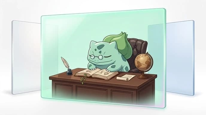Masterpiece, ultra-detailed flat vector illustration, 2D anime style. A wise and calm Bulbasaur sitting at an academic desk reading an antique medical anatomy book. The attitude is quiet, peaceful, and trustworthy. Light pastel mint-green, pearl white, and soft blue glassmorphism aesthetic. Bright glowing soft studio lighting, smooth vector lines, isolated on a clean pristine white background, no text, classic academic vibes, --ar 4:3 --niji 6 --stylize 300