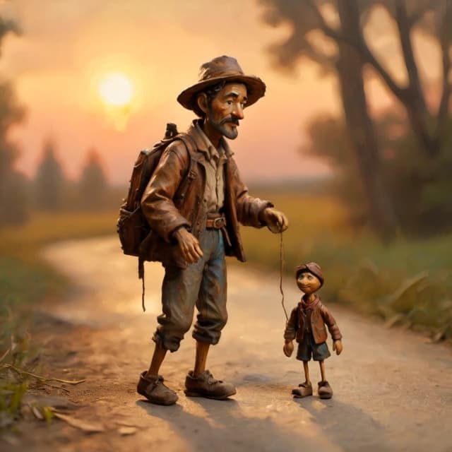 A calm, wandering puppeteer briefly stopped on a country road at sunset. He is wearing practical traveler’s clothing — rough fabric, a leather belt, a small backpack — and he is carefully holding a handcrafted wooden puppet. The puppet shows the texture of the wood, the details of the carving, the wear, and the fine threads. The puppeteer’s face is weary but calm, as if he has decided to take a short break; there is a slight smile on his face. Background: an open field, a road stretching into the distance, a warm sunset sky. Lighting: soft natural light with long shadows, the atmosphere of the golden hour. High level of detail: wood fibers, fabric folds, dust on boots, the barely noticeable texture of the road. Emotional tone: quiet romance of travel.