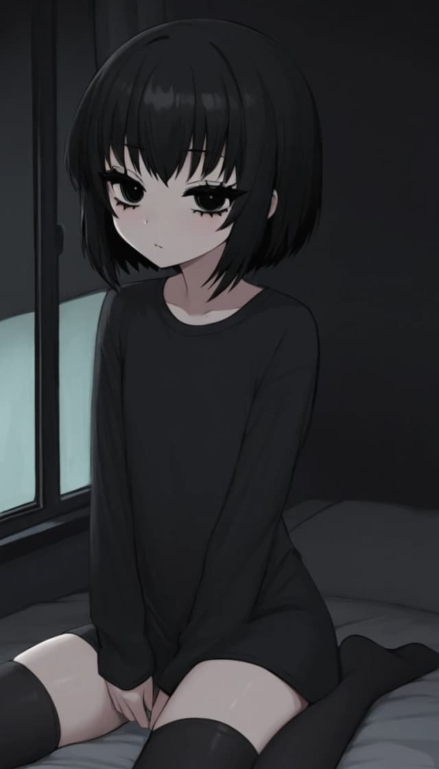 темная комната с окном. милая anime moe девушка. черные волосы средней длины. черные глаза. черные ресницы. черная длинная футболка черные чулки носки. низкорослая с плоской фигурой.