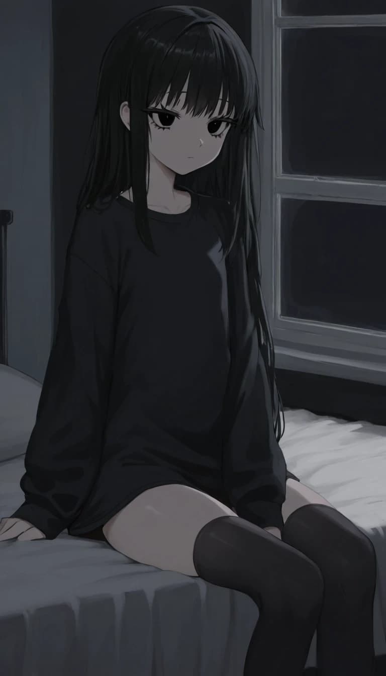темная комната с окном. милая anime moe девушка. черные волосы средней длины. черные глаза. черные ресницы. черная длинная футболка черные чулки носки. низкорослая с плоской фигурой.
