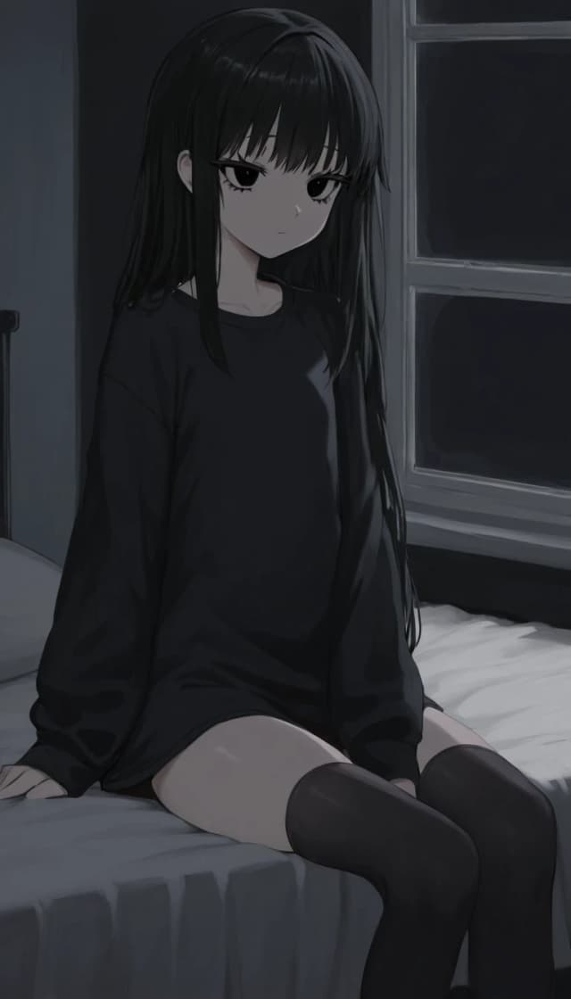 темная комната с окном. милая anime moe девушка. черные волосы средней длины. черные глаза. черные ресницы. черная длинная футболка черные чулки носки. низкорослая с плоской фигурой.