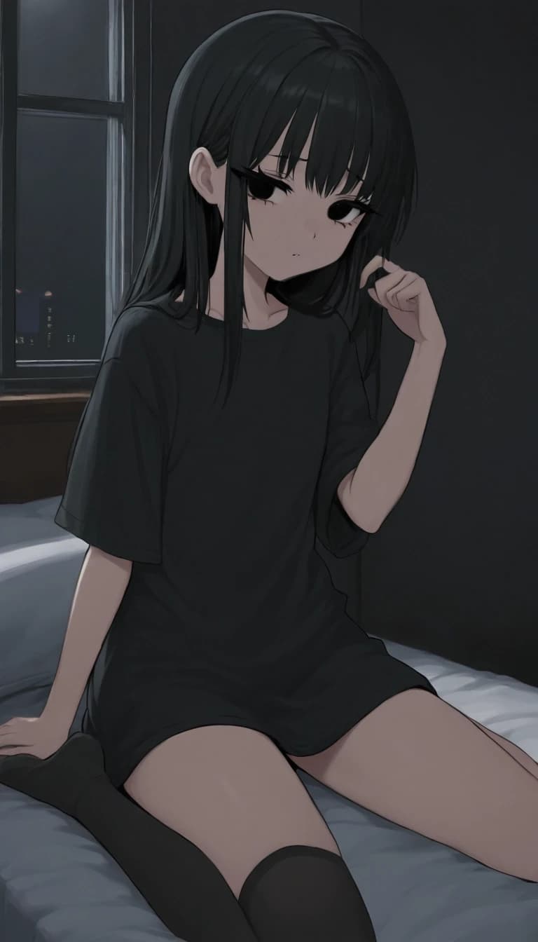 темная комната с окном. милая anime moe девушка. черные волосы средней длины. черные глаза. черные ресницы. черная длинная футболка черные чулки носки. низкорослая с плоской фигурой.