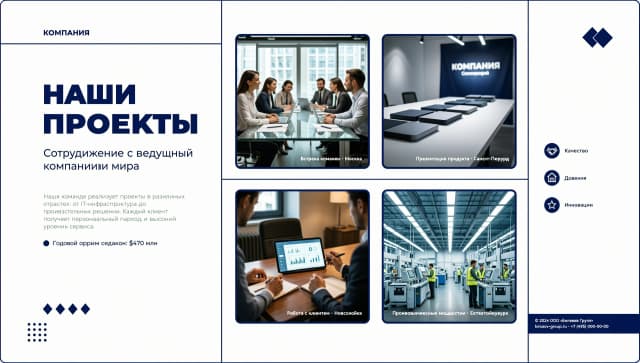 Design one of the pages for a company album, format: horizontal A4, corporate colors: blue and white. The page should include 3-4 square-sized photographs and a small text block.