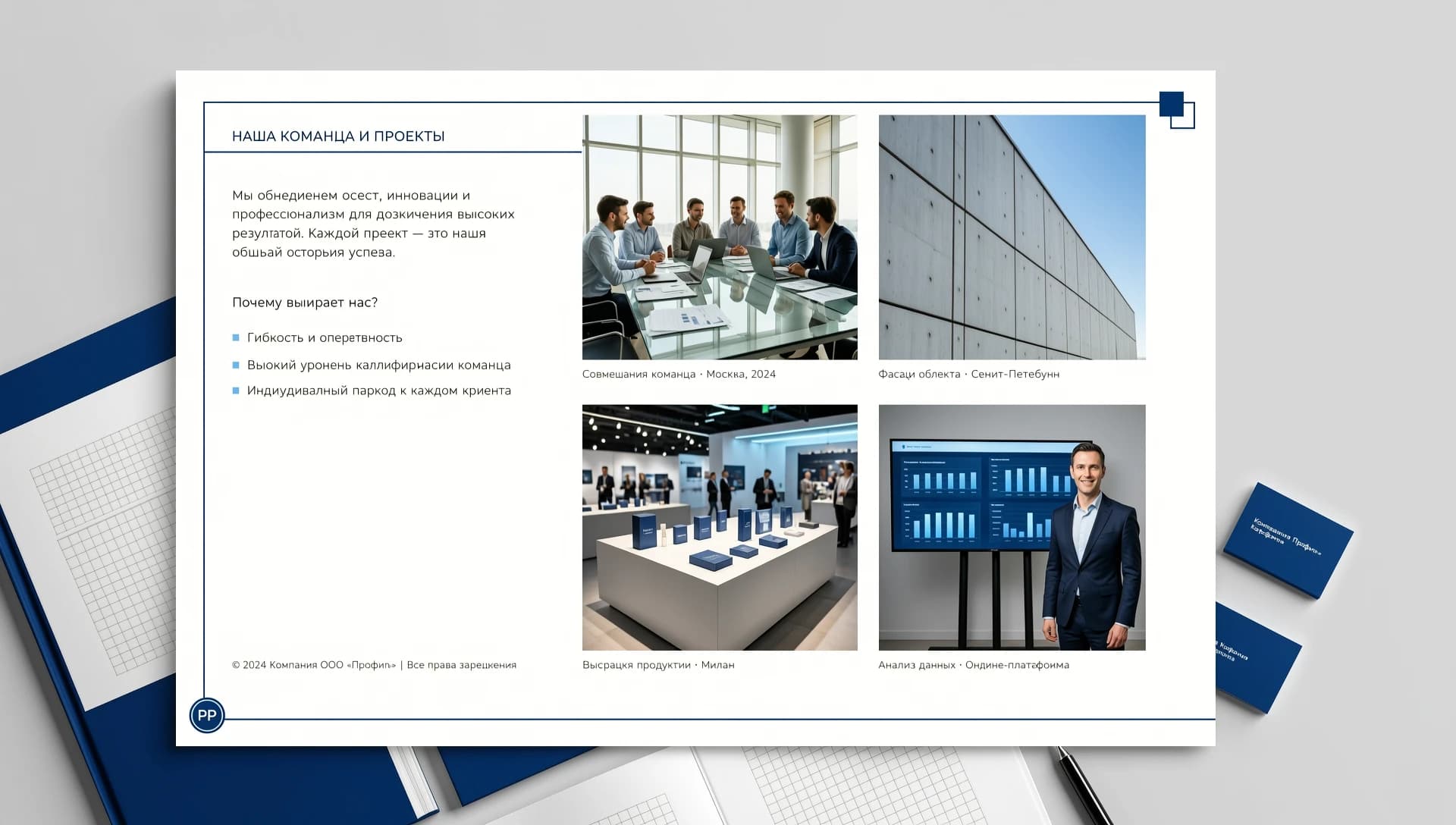 Design one of the pages for a company album, format: horizontal A4, corporate colors: blue and white. The page should include 3-4 square-sized photographs and a small text block.