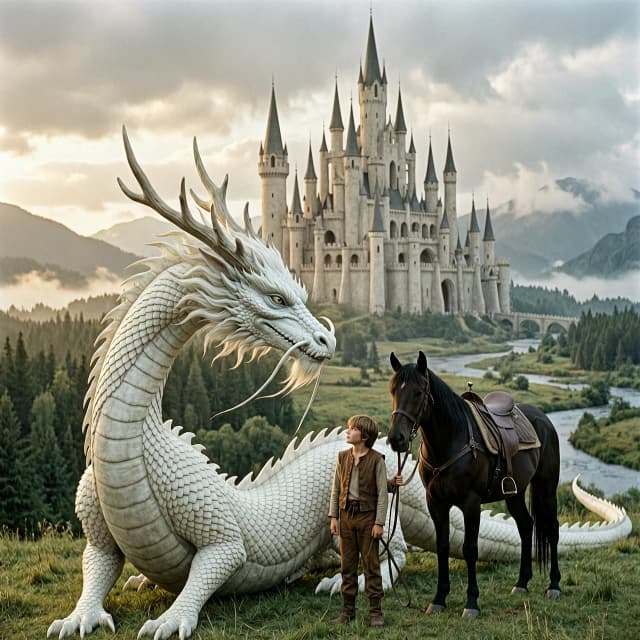 A highly realistic cinematic scene from a classic old-school fantasy film, with the visual atmosphere of 1980s–1990s epic fantasy cinema.

A gigantic ancient white dragon stands beside a young boy, making the boy appear very small in comparison. The dragon is exceptionally large, long and serpentine, with an elongated body inspired by traditional Chinese dragons, while still retaining believable anatomy and realistic proportions. Its enormous body curves through the landscape like a living white serpent. It has long elegant horns resembling antlers, flowing whiskers, a mane of fine white hair around its head and neck, a long narrow face, intelligent ancient eyes, and countless finely detailed ivory-white scales. Its wings are large but elegant, blending naturally with its serpentine anatomy. The dragon should feel ancient, majestic, powerful and almost mythical rather than monstrous.

The boy is around 10–12 years old, dressed simply in worn brown leather trousers and a rustic leather vest. He stands calmly beside the dragon, holding the reins of a strong dark horse. He looks small and vulnerable next to the enormous creature, but his expression shows trust and familiarity with the dragon. There are NO adult men and NO other human characters in the scene.

In the distant background stands a magnificent castle built from pale ivory-colored stone. The castle is enormous and majestic, yet unusually light and ethereal, with incredibly tall slender towers, elegant spires, soaring arches, delicate bridges and intricate medieval architecture. Its highest towers disappear into low clouds and morning mist.

The surrounding landscape is vast and cinematic: ancient forests, green hills, distant mountains, rivers and drifting mist. Soft golden sunlight breaks through heavy clouds, illuminating the dragon's enormous elongated body and the boy standing beside it.

Photorealistic practical-effects aesthetic, realistic medieval costumes, believable natural materials, highly detailed dragon anatomy and scales, realistic skin and hair, natural cinematic lighting, subtle film grain, anamorphic cinematography, atmospheric haze, muted earthy colors, dramatic sense of scale, grounded medieval realism, epic composition, timeless old fantasy movie atmosphere, as if this were a frame from a forgotten classic fantasy film.

No modern elements, no modern clothing, no additional people, no cartoon style, no anime, no overly decorative fantasy armor, no cute dragon, no exaggerated digital-art appearance.