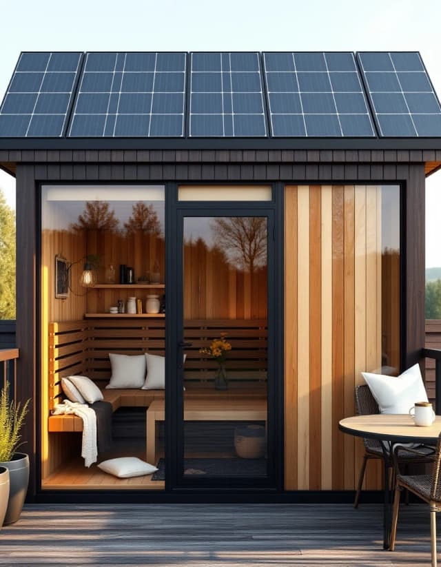 Vertical architectural shot, modern high-tech frame banya sauna, large panoramic mirror glass facade, dark wood planks cladding, solar panels on roof, cozy outdoor terrace.