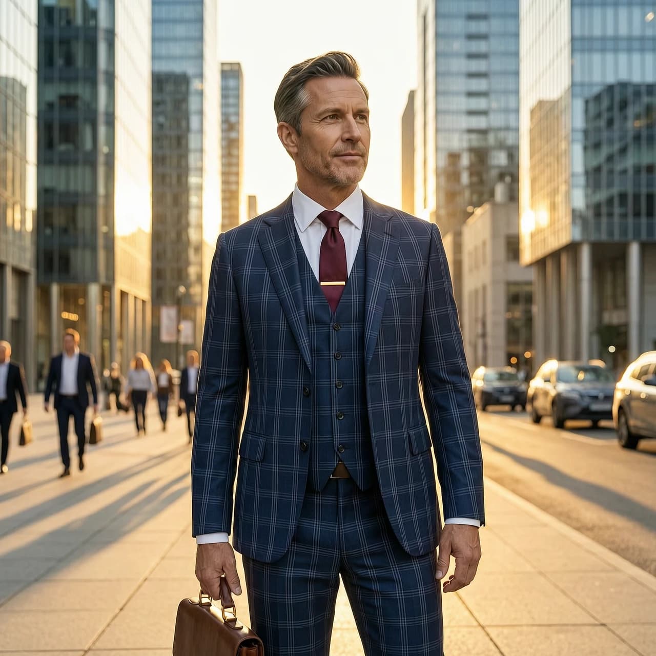 A full-body shot of a male AI model in his early 40s, wearing a navy three-piece suit with a subtle windowpane check pattern. He wears a white shirt, a burgundy silk tie, and a gold tie bar. He stands on a modern city street with glass skyscrapers in the background, bathed in warm golden hour sunlight. He holds a leather briefcase and looks slightly to the side, with a thoughtful, confident expression. The lighting is warm and cinematic, creating long shadows. The background is slightly blurred (shallow depth of field). Cinematic, 8K, 9:16 vertical, luxury corporate fashion photography. No text, no watermark.