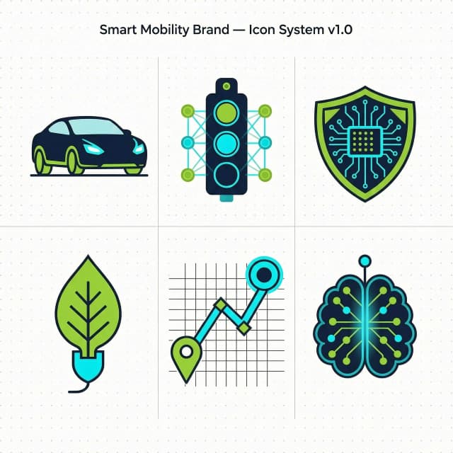 A set of 6 minimalist flat vector icons for a smart transportation brand. Themes: self-driving car, traffic light with neural network, shield with circuit (security), leaf with electric plug (ecology), GPS route, AI brain. Color palette: dark navy blue (#0A192F) outline, neon cyan (#00E5FF) and acid green (#AEEA00) fills, white background. Clean lines, no text, no letters, modern tech style. Each icon 512x512 px.