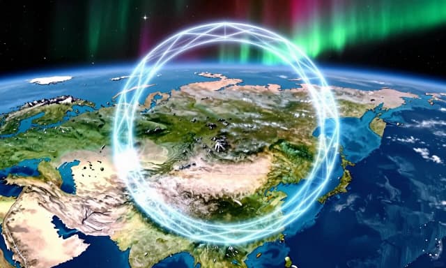 `16:9 view of the Russian landmass from low Earth orbit, Ural Mountains visible on the western edge, Pacific Ocean on the eastern edge, a colossal ethereal geometric torus encircling the territory like an energy field, aurora borealis, stars, cinematic sci-fi atmosphere`