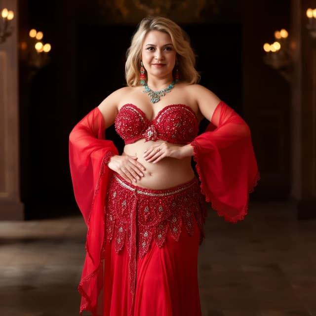 front view chubby belly dancer thirty years woman in red costume blonde medium hair stand in hall