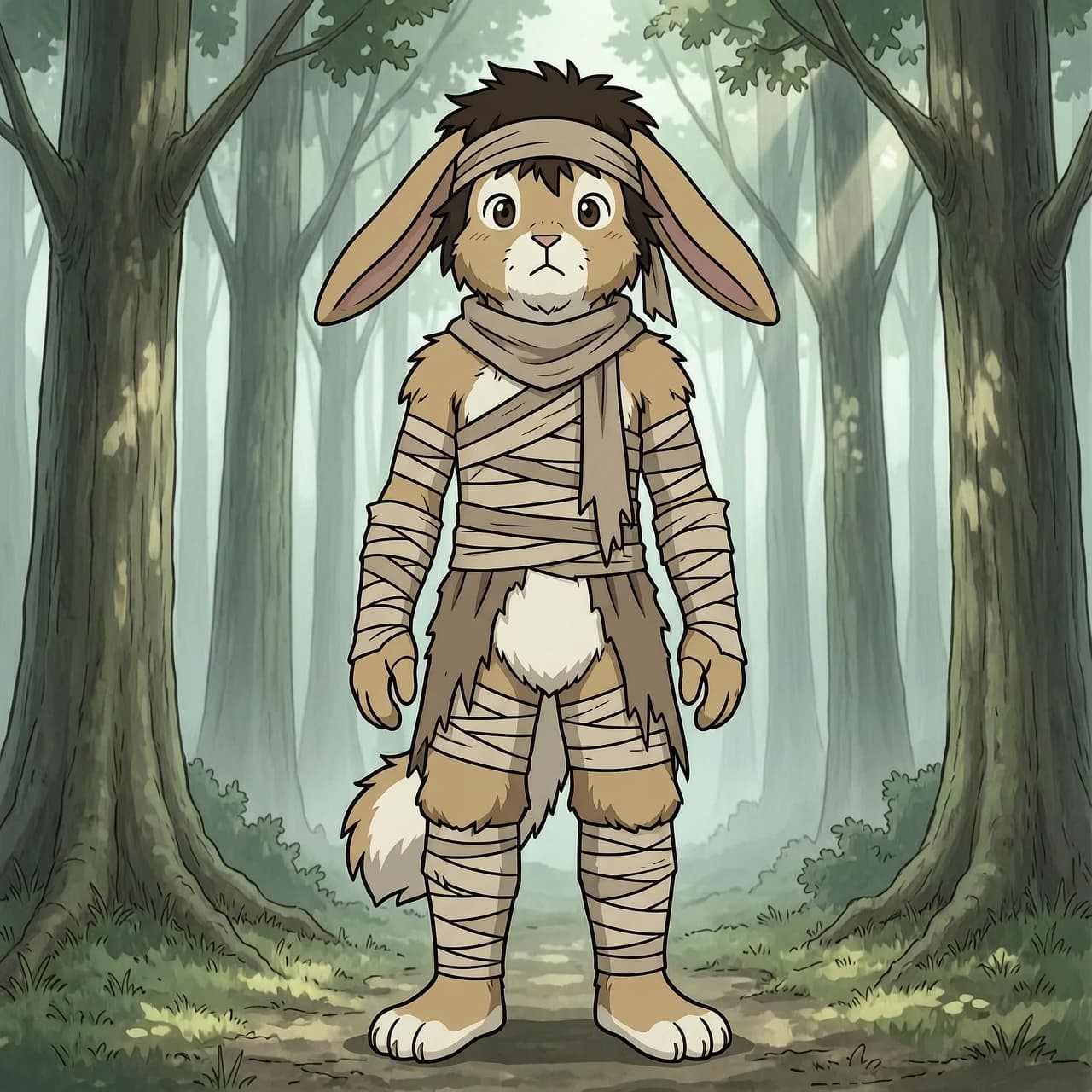Full body, 2D anime illustration, traditional hand-drawn art style, clear black outlines, flat cel shading, muted earthy color palette. A tall, slender anthropomorphic rabbit boy with fluffy light brown and white fur, a fluffy animal muzzle, and large, floppy, long rabbit ears. He has messy dark brown hair and wears a ragged beige cloth headband with loose ribbon ends hanging down. He wears no regular clothes. His entire outfit is composed of layers of beige and brown torn bandages, tattered rags, and cloth strips tightly wrapping around his arms, legs, and torso. The dense layers of bandages make his forearms and calves appear thick, creating a bulky, multi-layered look. The layers of wrap partially overlap, leaving small visual gaps between the strips of fabric, revealing the fluffy fur beneath. He wears a loose, torn scarf around his neck. He has a fluffy tail. Standing in a misty deep forest with tall trees, dappled sunlight, serene atmosphere, masterpiece, high quality, vertical aspect ratio.