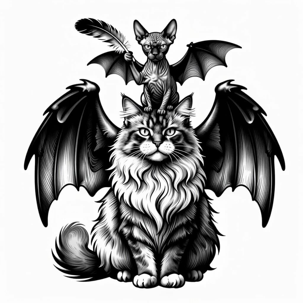 Tattoo design, engraving style. A fluffy long-haired cat with griffin wings sits proudly, puffed up. A hairless Sphynx cat with bat wings perches on its head, holding a stolen griffin feather from the fluffy cat's wing like a trophy. The fluffy cat hasn't noticed yet. Mischievous, trickster vibe, black and white etching, intricate linework, dynamic composition.