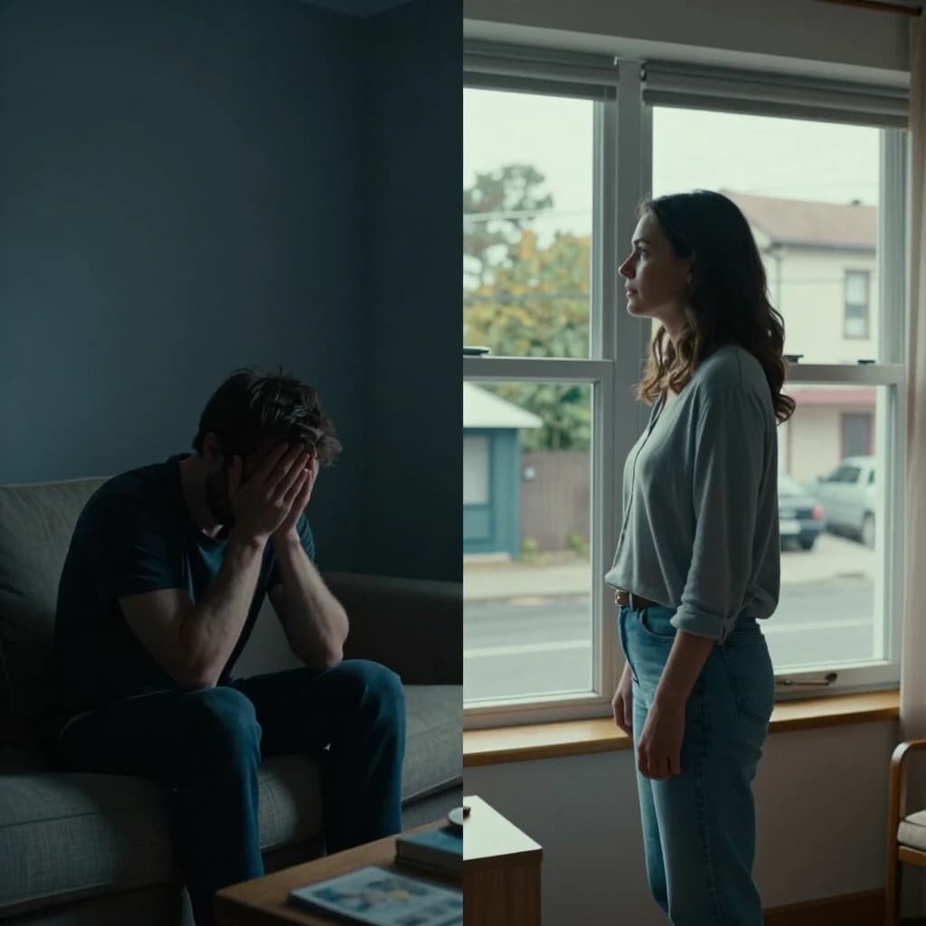 Frame from a dramatic film, realistic photo, split screen. The frame is clearly divided by a vertical line in the middle into two completely different apartments. Left half: a gloomy dark room in cold blue tones, a lonely man sits on the sofa, covering his face with his hands in deep sorrow. Right half: a bright, cozy room in another house, bathed in soft daylight. A woman in everyday clothes stands by a large window, thoughtfully looking out at the street. Her face has an expression of light thoughtfulness, she seems to be trying to remember something, her gaze is calm and not dejected. Complete contrast of interiors and mood, professional cinematography, 35mm lens, high detail.