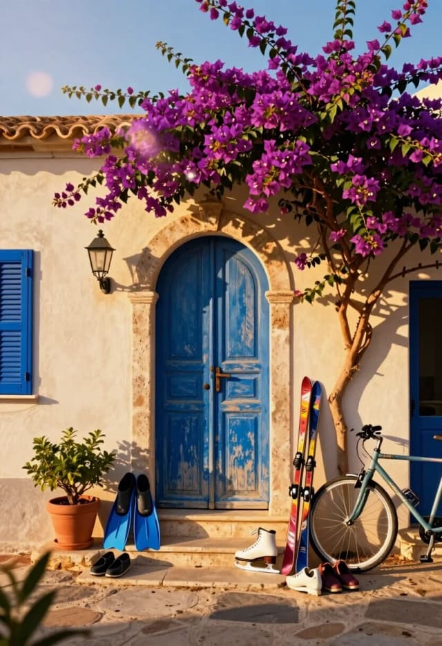 Photorealistic cinematic shot, 8K resolution, hyper-realistic style with Mediterranean charm—a sun-drenched entryway rendered with tangible textures and natural lighting.

Composition: a weathered arched doorway with a faded blue wooden door set in a creamy stucco wall. Above, a lush cascade of purple bougainvillea spills over the lintel, its blooms vivid against the bright sky. To the left, a small blue shutter and a terracotta pot with green foliage rest on the stone steps. A vintage wall lantern adds a touch of old-world elegance.

In front of the entrance, a collection of items tells a story of active lives: a pair of bright diving flippers, a pair of ice skates with gleaming blades, a pair of compact cross-country skis, and a lightweight bicycle casually leaning against the wall. Among these, a few pairs of everyday shoes sit scattered—some neatly placed, others hastily kicked off—evoking the ritual of removing footwear before stepping inside.

Lighting: warm, golden sunlight from a low angle casts long, soft shadows, highlighting the grain of the wood, the rough texture of the stucco, and the delicate petals of the bougainvillea. Subtle lens flare and a shallow depth of field keep the doorway and foreground items sharp while gently blurring the background.

Atmosphere: relaxed, sunlit, and full of character—a snapshot of a home where adventure and comfort coexist.

Style: photorealism with a painterly warmth, capturing every texture and nuance with lifelike precision.