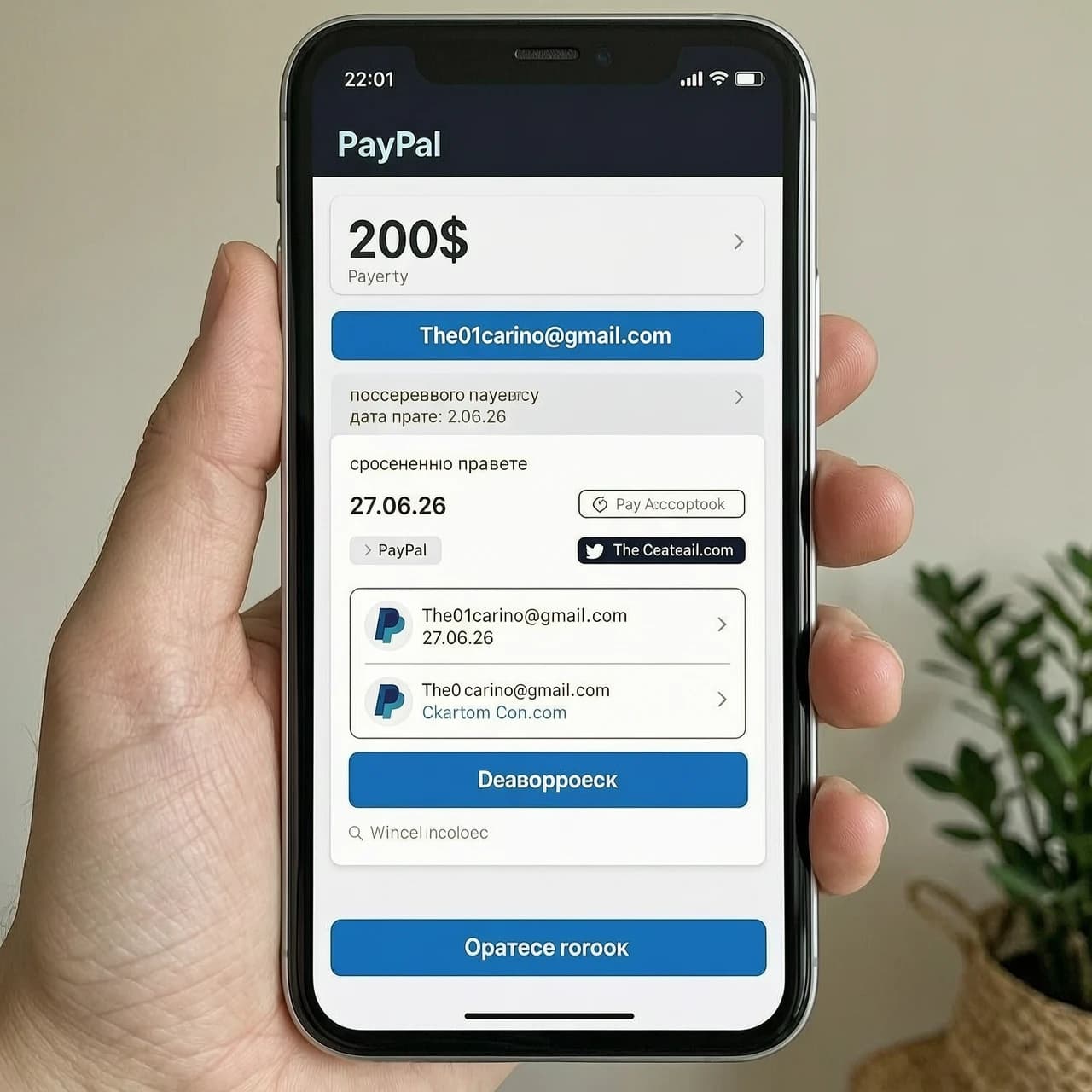 Сделай платеж на 200$ в PayPal по адресу The01carino@gmail.com чтобы прислать человеку как скриншот о совершенном платеже дата 27.06.26