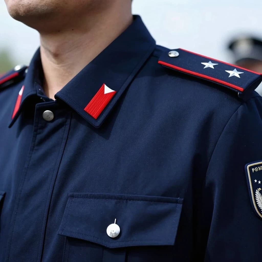 Форма российского полицейского темно-синего цвета на мужчине, погоны  с одной красной полоской посередине и четырьмя маленькими звездочками крупным планом, лица не видно, задний фон размыт