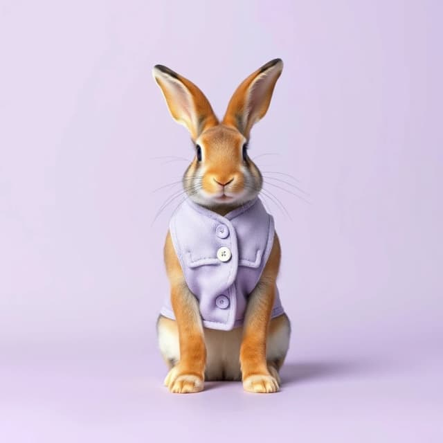 Draw a symmetrical frontal frame in the style of Wes Anderson for the A6 format. In the center is a full—length rabbit, sitting quietly, wearing a light lavender—colored vest with a neat button. The background is a plain muted lavender, without patterns or gradients. Palette: lavender, white, cream, warm gray. The lighting is soft, like morning diffused light, the shadows are smooth. High detail: the texture of fluffy wool is visible, the vest fabric is drawn with fine seams, the proportions of the rabbit are anatomically correct. No labels. 8K, cinematic frame, stylized as a frame from a movie.