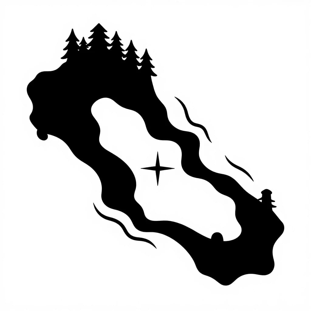 Flat top-down nautical map vector design, black and white stencil art of a dark fantasy island, Tainted Grail style. Clear overhead view of an isolated mysterious island coastline. Includes a minimalist compass rose, simple sea wave lines, and clean cartography grid lines. Sharp black silhouettes of forests and ancient stones on a pure white background. High contrast, clean black lines, solid shapes, no shading, no gradients, ready for laser engraving and CNC.